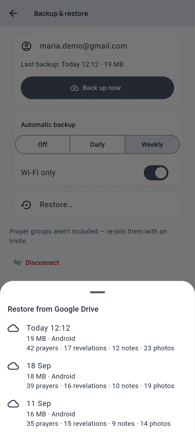 Restore from Google Drive: three backups with date, size, platform and counts of prayers, revelations, notes and photos