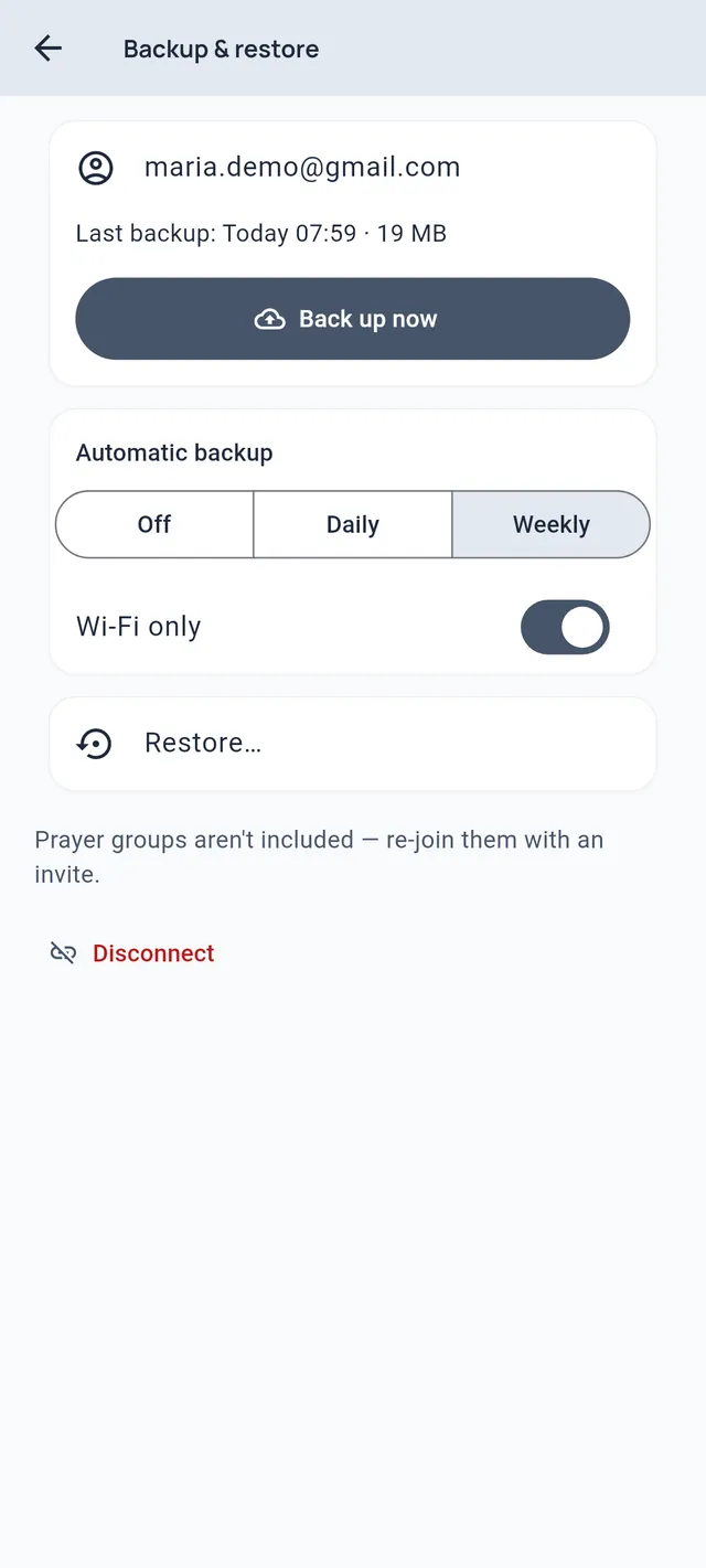 Backup and restore settings: connected Google account, Back up now, weekly automatic backup on Wi-Fi only