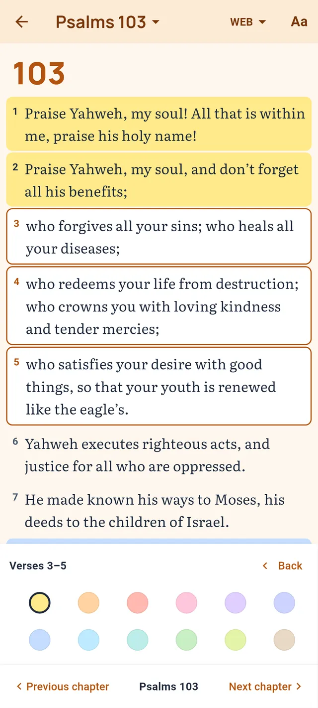 The twelve highlight colours shown under a selection of verses 3 to 5