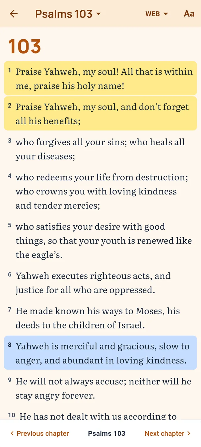 Psalm 103 in the Bible reader, verses highlighted in yellow and blue