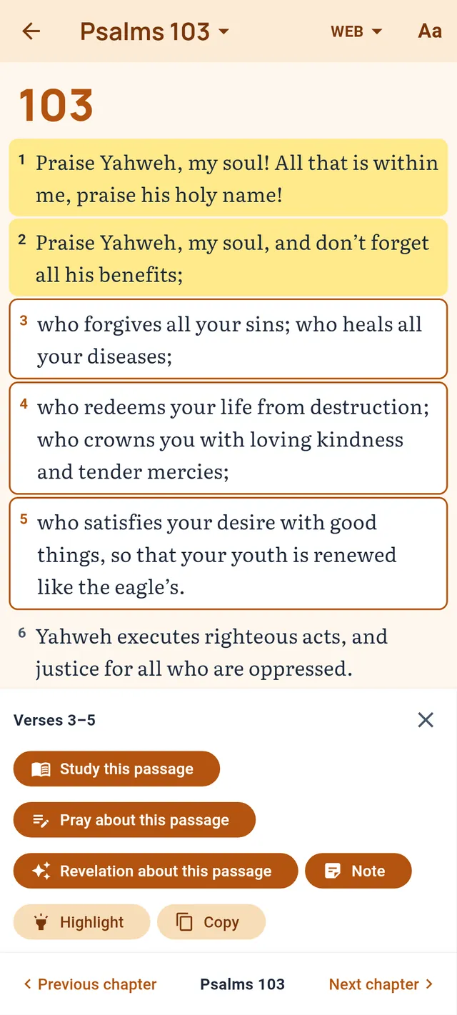 Psalm 103 with verses 3 to 5 selected, and the actions for the selection