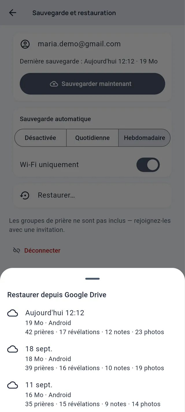 Restaurer depuis Google Drive : trois sauvegardes avec leur date, leur taille, la plateforme et le nombre de prières, révélations, notes et photos