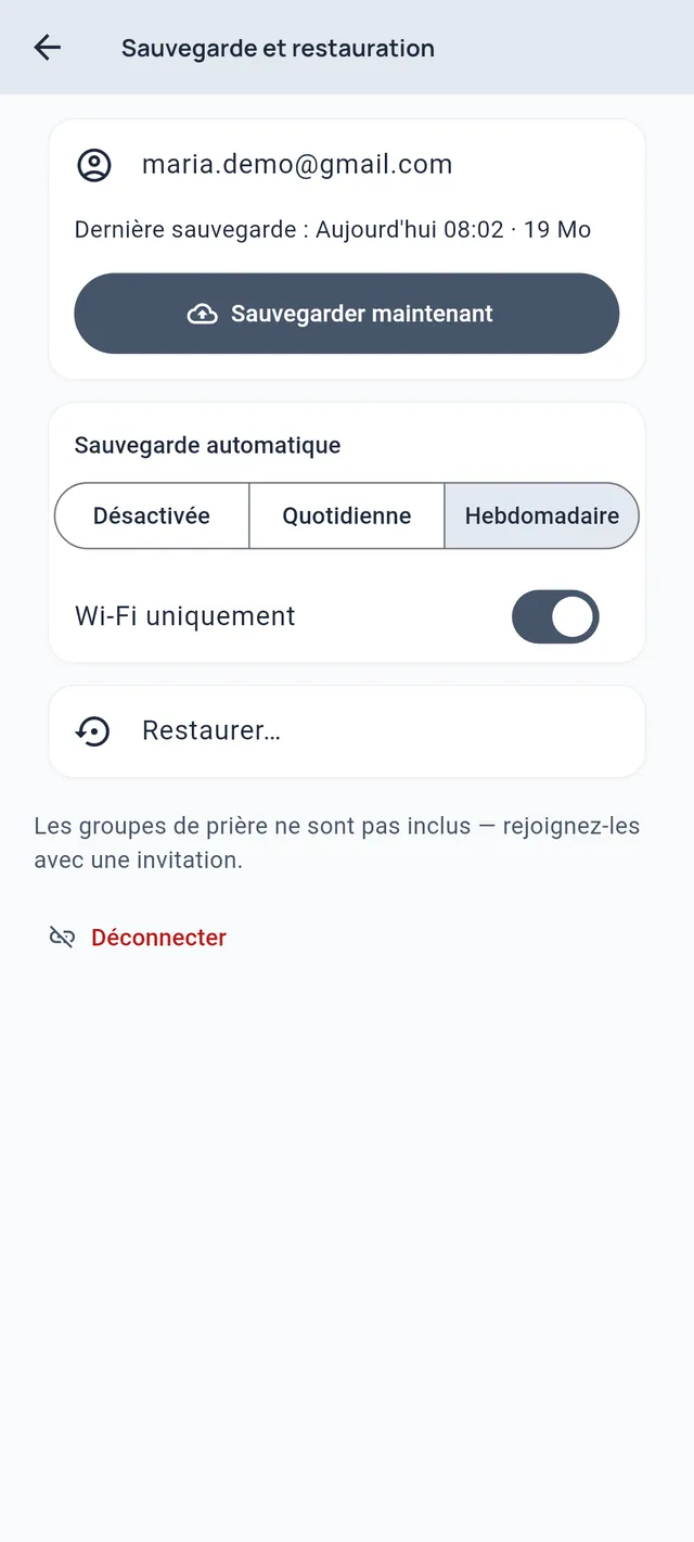 Réglages de sauvegarde : compte Google connecté, Sauvegarder maintenant, sauvegarde hebdomadaire en Wi-Fi uniquement