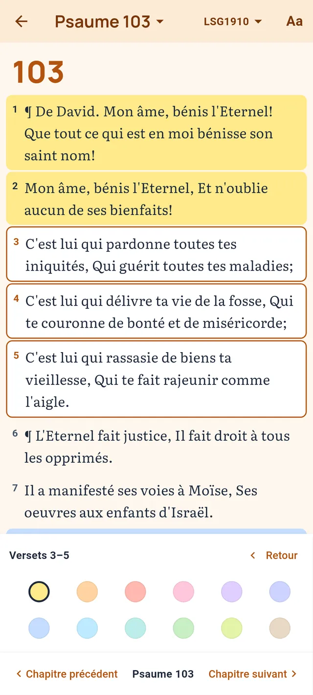 Les douze couleurs de surlignage sous une sélection des versets 3 à 5