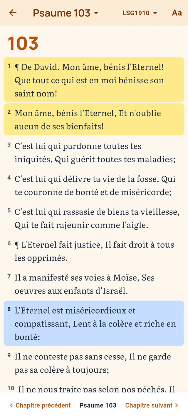 Le Psaume 103 dans le lecteur, des versets surlignés en jaune et en bleu