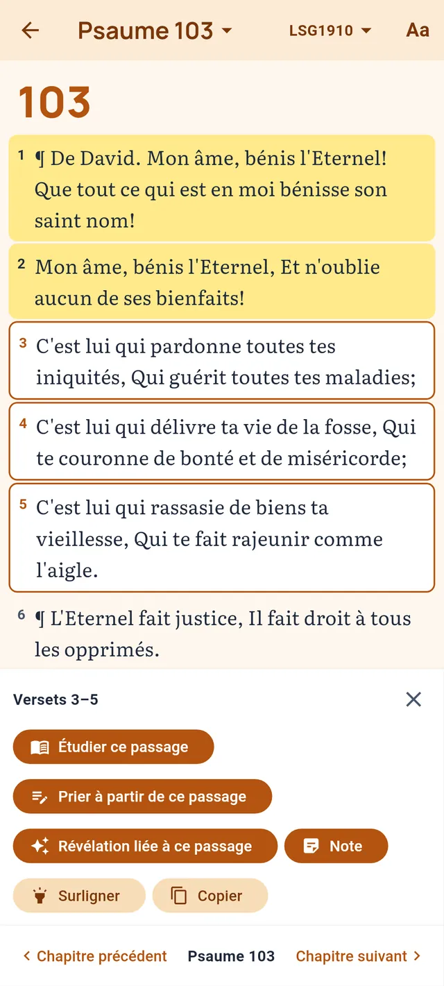 Le Psaume 103 avec les versets 3 à 5 sélectionnés et les actions proposées