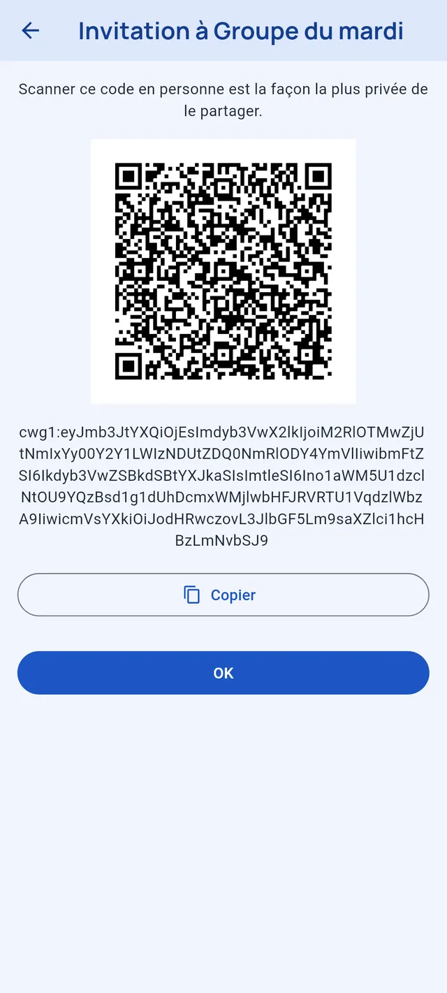 Invitation à Groupe du mardi : un code QR, le texte de l’invitation et un bouton Copier