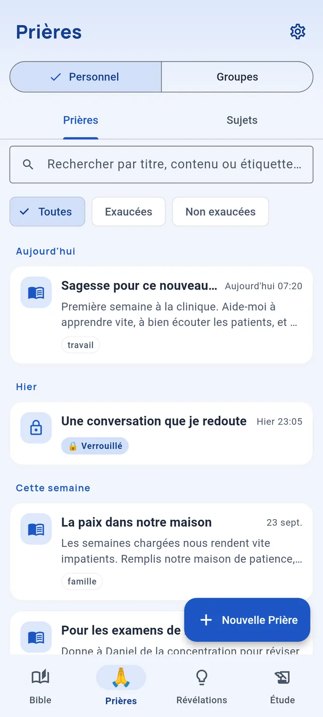 L’onglet Prières : des prières classées par jour, dont une verrouillée car privée