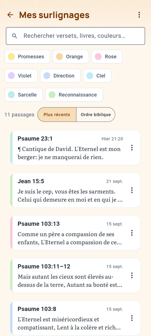 Mes surlignages : une recherche, des filtres de couleur nommés Promesses ou Direction, et les versets surlignés