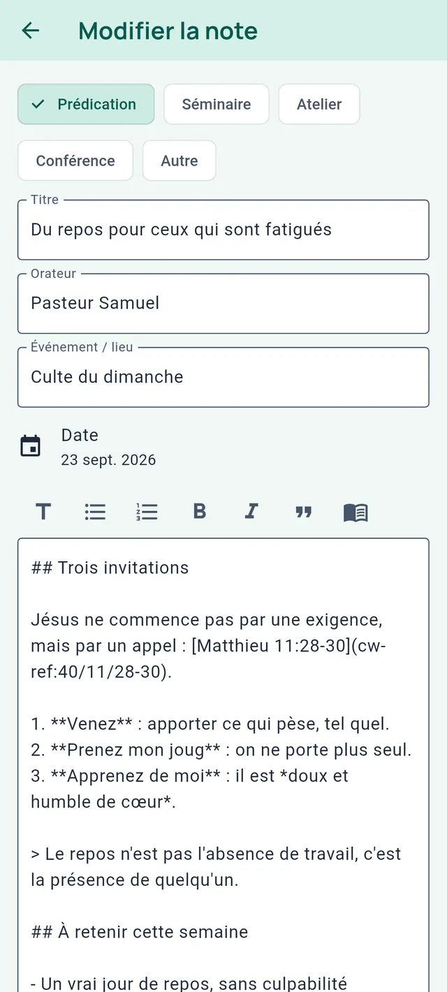 Modifier la note : type, titre, orateur, événement et date, la barre de mise en forme et le texte