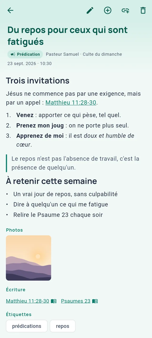 Une note de prédication intitulée Du repos pour ceux qui sont fatigués, avec titres, liste et lien vers un verset