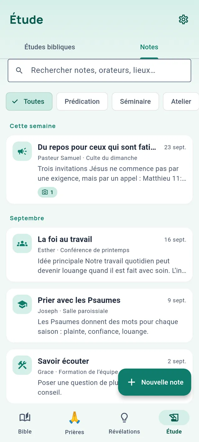 Le sous-onglet Notes : une recherche, des filtres par type et des notes avec leur orateur et leur lieu
