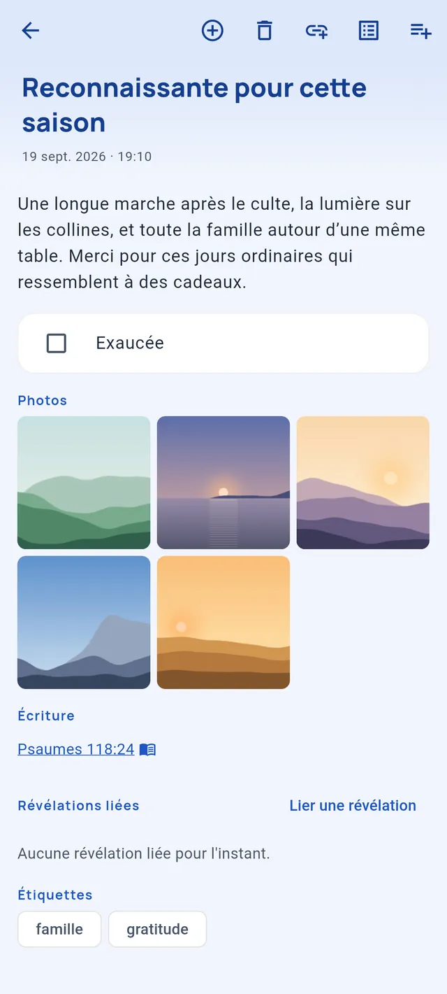 Une prière de reconnaissance avec cinq photos de paysages sous le texte