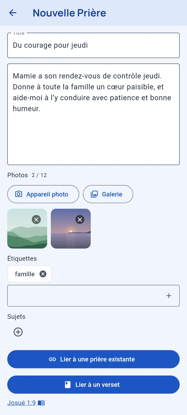 Nouvelle Prière avec un titre, un texte, deux photos, l’étiquette famille et Josué 1:9 joint