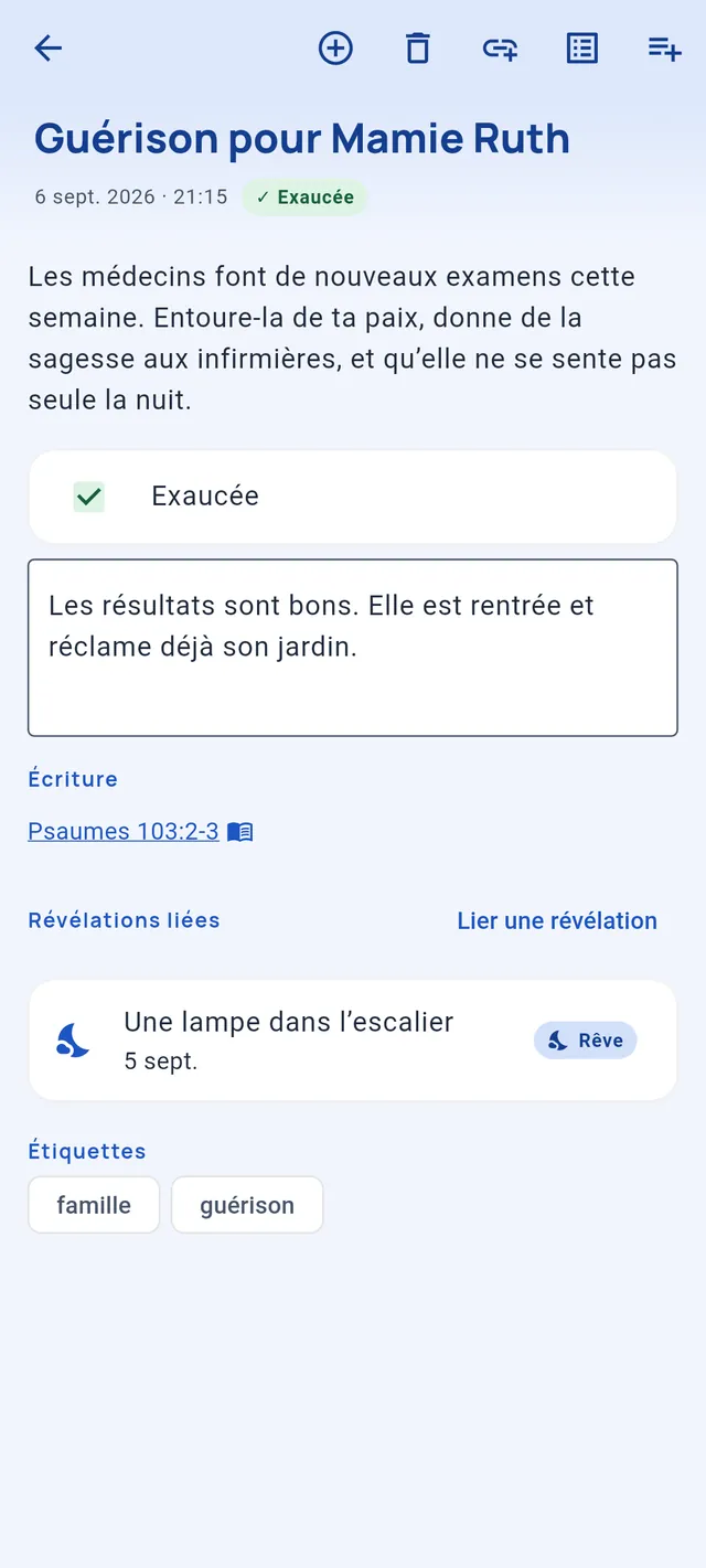 Une prière exaucée, avec la note sur la façon dont elle l’a été, son verset, un rêve lié et ses étiquettes