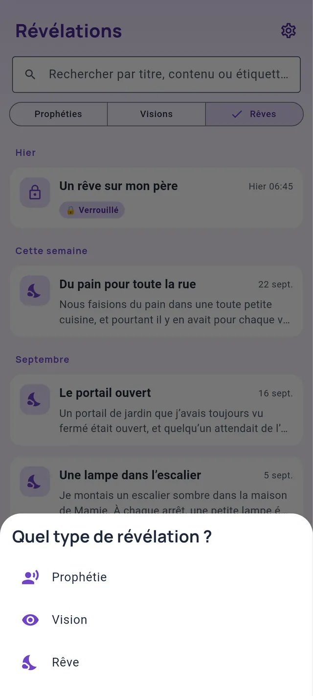 La fenêtre Quel type de révélation ? avec Prophétie, Vision et Rêve