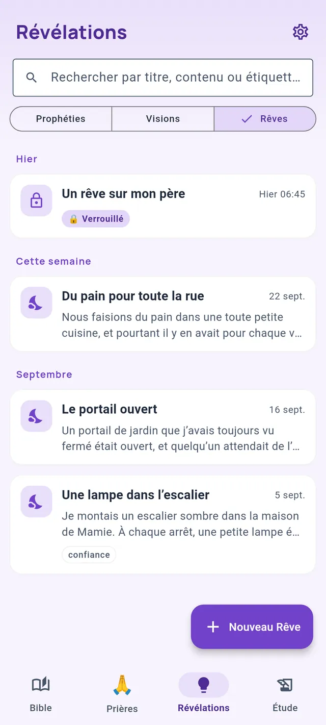 L’onglet Révélations filtré sur les rêves, avec un rêve privé verrouillé en haut