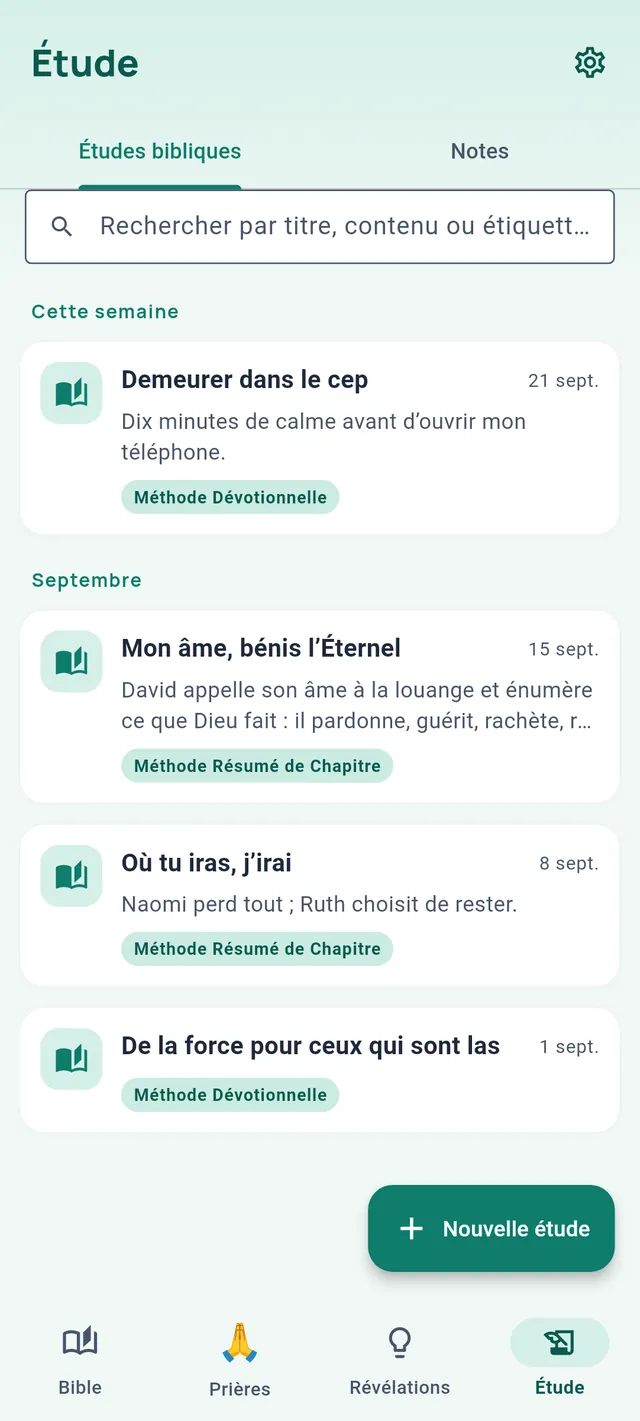 L’onglet Étude sur Études bibliques : quatre études marquées Méthode Dévotionnelle ou Méthode Résumé de Chapitre