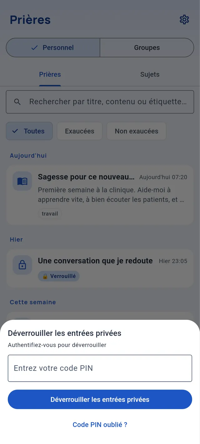 La fenêtre Déverrouiller les entrées privées, avec un champ pour le code PIN et le lien Code PIN oublié ?