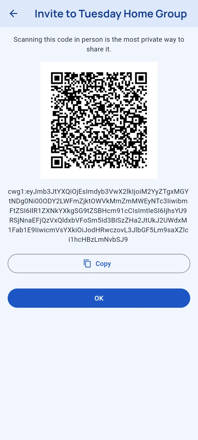 Invite to Tuesday Home Group: a QR code, the invite text and a Copy button