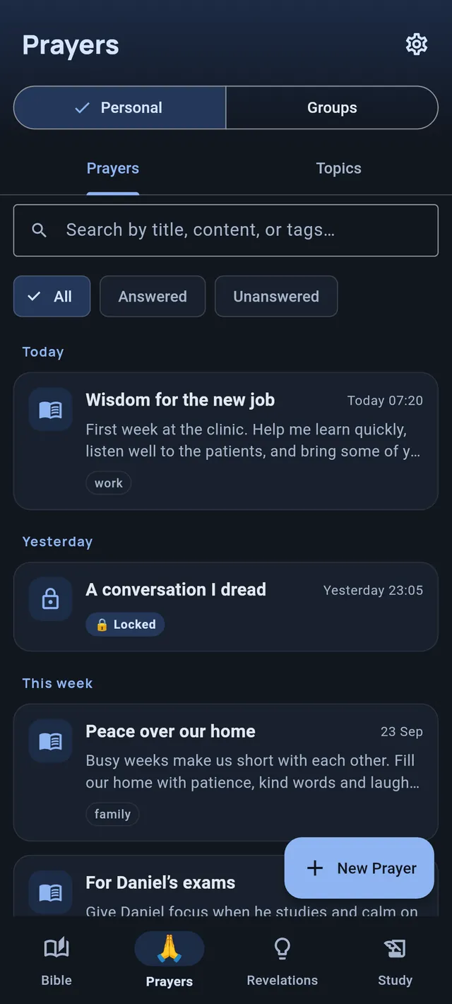 The Prayers tab in the dark theme