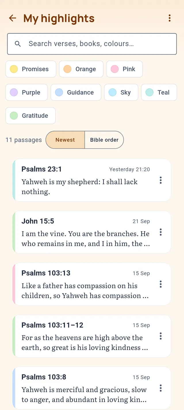 My highlights: a search box, colour filters with names like Promises and Guidance, and highlighted verses