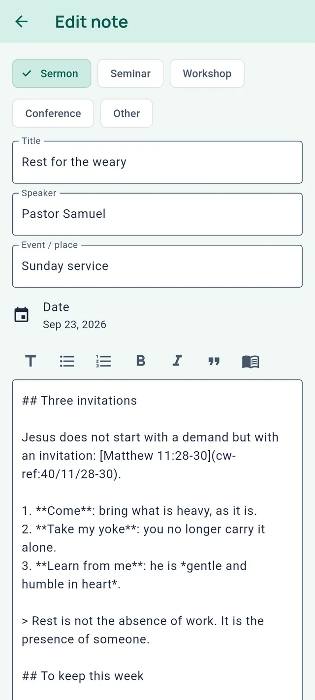 Edit note: kind, title, speaker, event and date, the formatting toolbar and the text