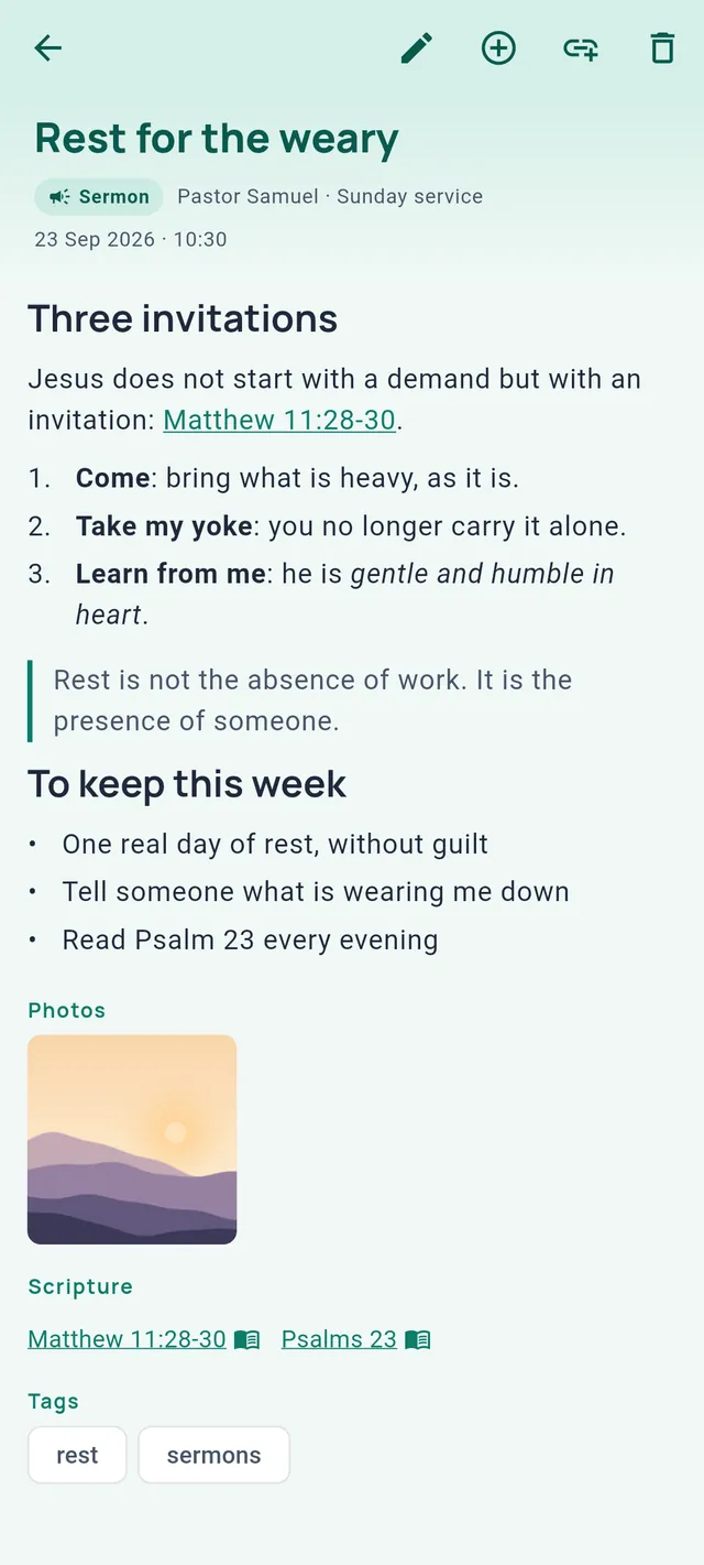A sermon note titled Rest for the weary, with headings, a list and a verse link