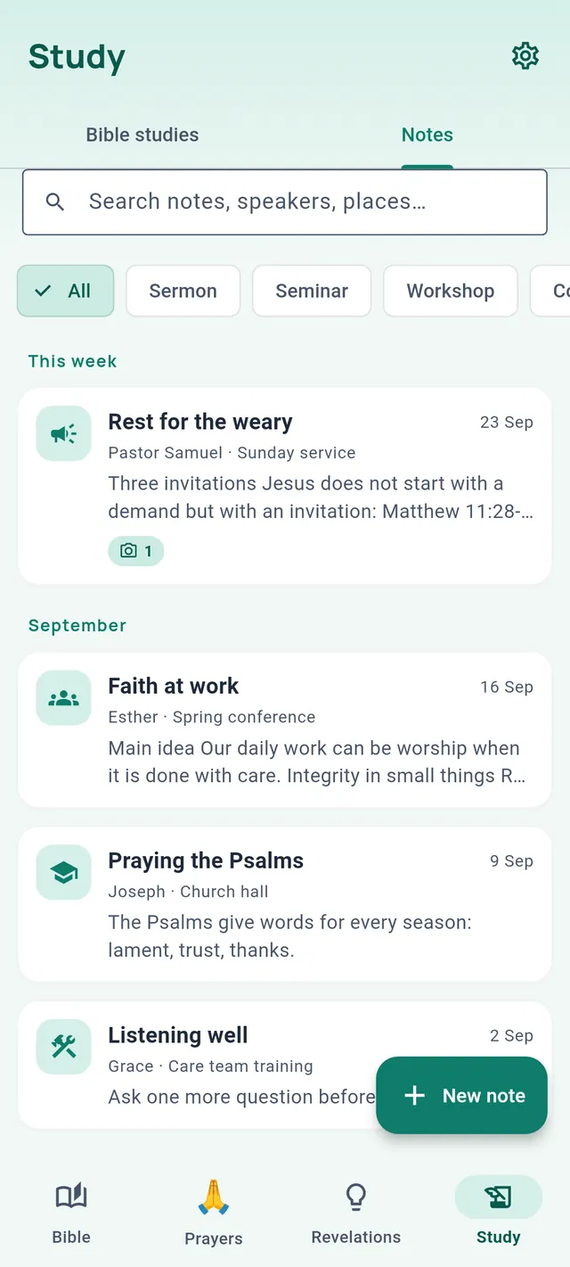The Notes sub-tab: a search box, kind filters and notes with their speaker and place