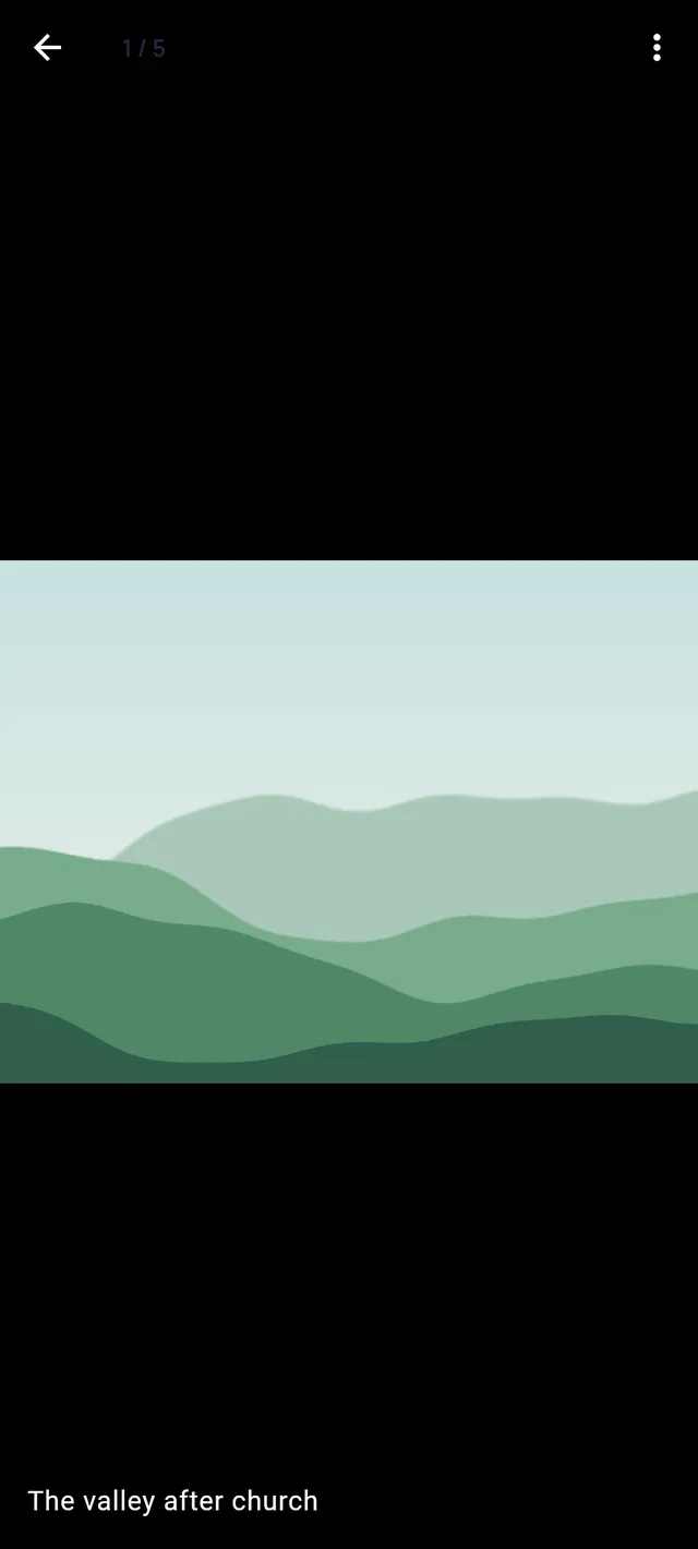 A photo shown full screen with its caption, The valley after church