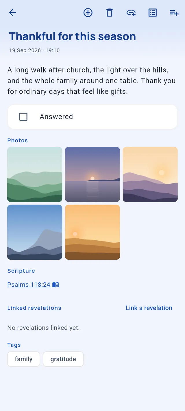 A prayer of thanks with five landscape photos under its text