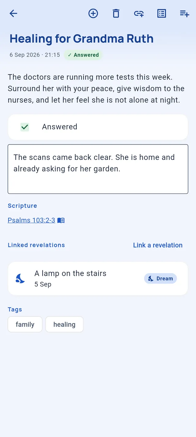 An answered prayer with the note on how it was answered, its verse, a linked dream and its tags