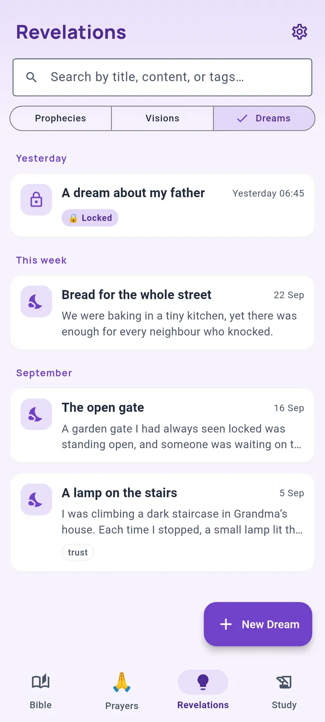 The Revelations tab filtered on dreams, with a locked private dream at the top