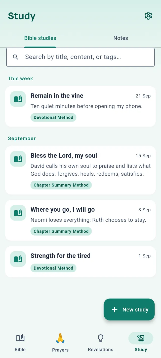 The Study tab on Bible studies: four studies labelled Devotional Method or Chapter Summary Method