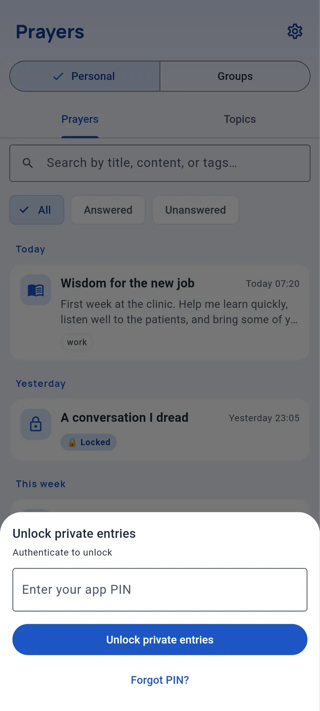 The unlock sheet: Unlock private entries, with a PIN field and a Forgot PIN? link